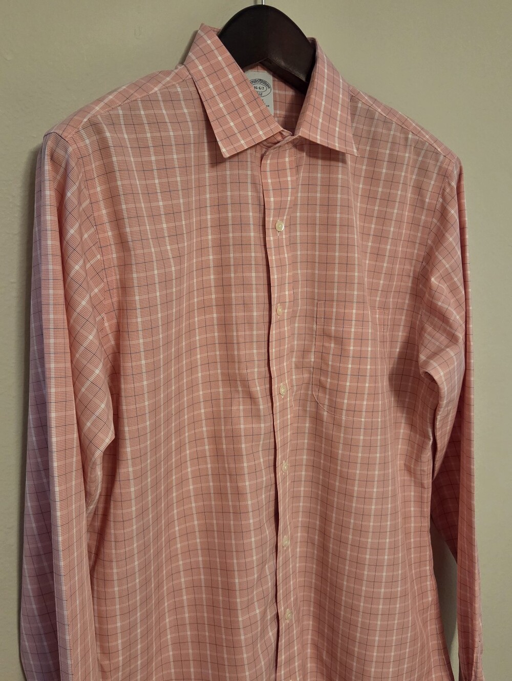 Brooks Brothers Dress Shirt 16-6/7 Slim Fit Pink Salmon Check Plaid